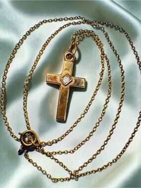 ANTIQUE- 10K Gold -Old Mine Cut Diamond Cross Necklace - 14" -Victorian Era-1.1g